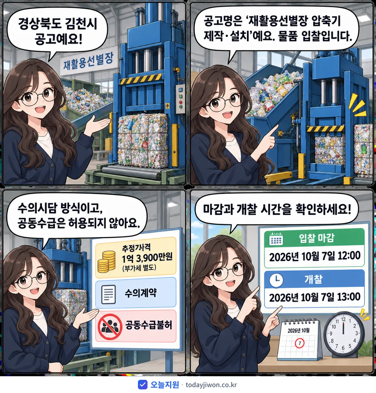 4컷 만화로 보는 공고: 경상북도 김천시 '재활용선별장 압축기 제작·설치', 추정가격 1억 3,900만원, 입찰 마감 10/7 12:00