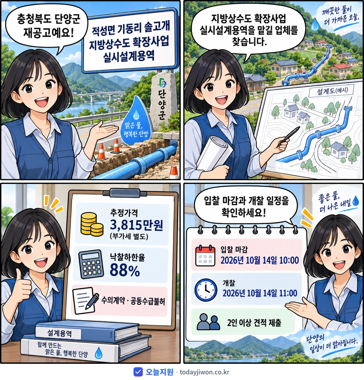 4컷 만화로 보는 공고: 충청북도 단양군 '적성면 기동리 솔고개 지방상수도 확장사업 실시설계용역', 추정가격 3,815만원, 입찰 마감 10/14 10:00
