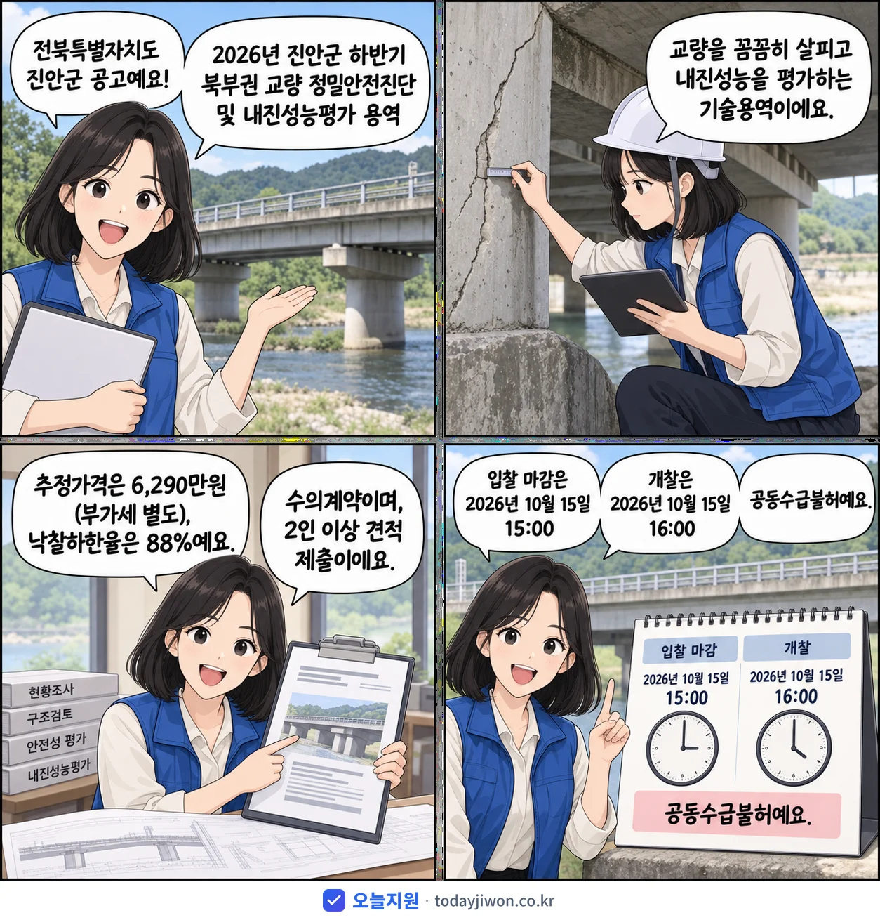 4컷 만화로 보는 공고: 전북특별자치도 진안군 '진안군 하반기 북부권 교량 정밀안전진단 및 내진성능평가 용역', 추정가격 6,290만원, 입찰 마감 10/15 15:00