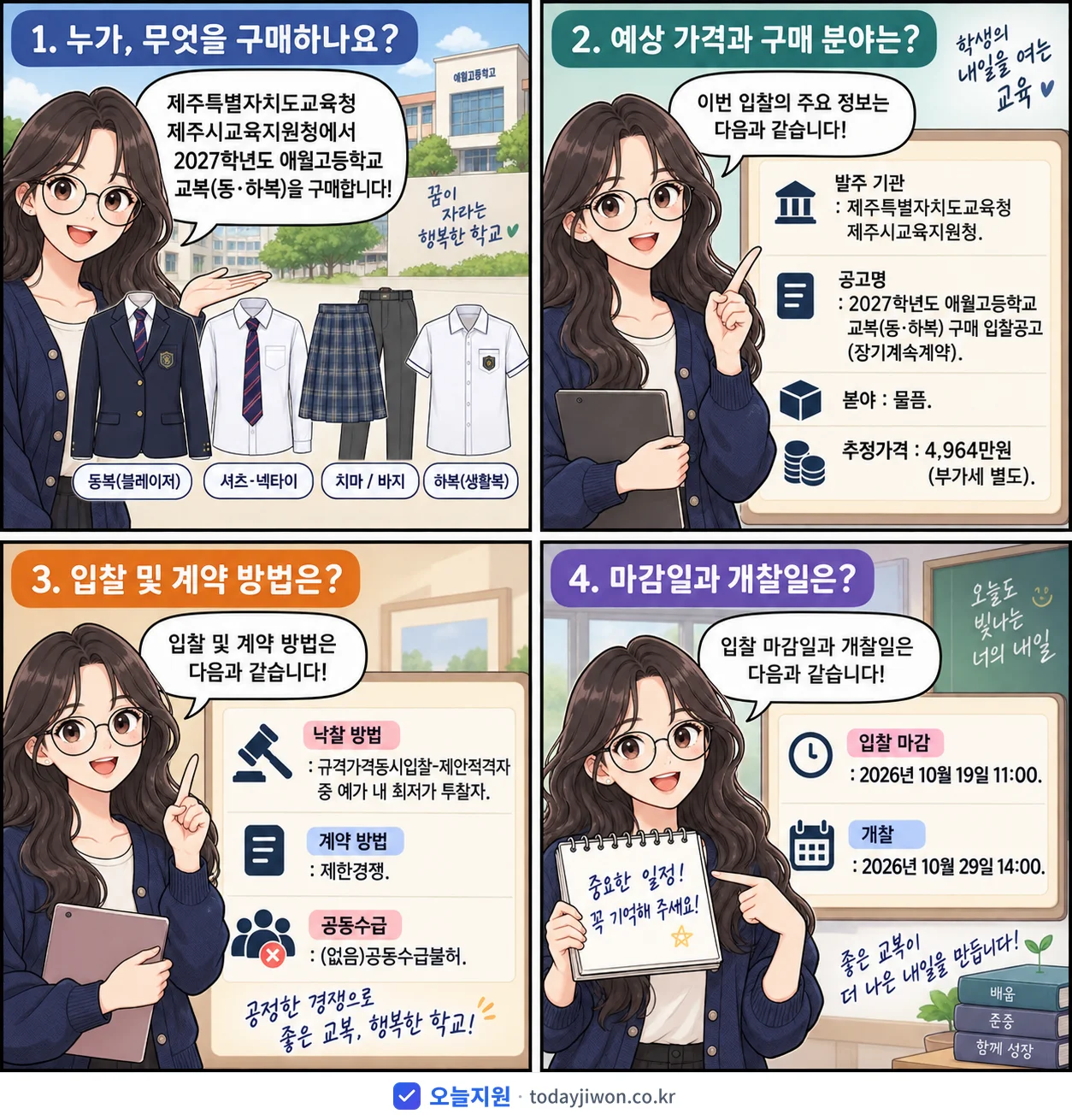 4컷 만화로 보는 공고: 제주특별자치도교육청 제주시교육지원청 '학년도 애월고등학교 교복(동·하복) 구매 입찰공고(장기계속계약)', 추정가격 4,964만원, 입찰 마감 10/19 11:00