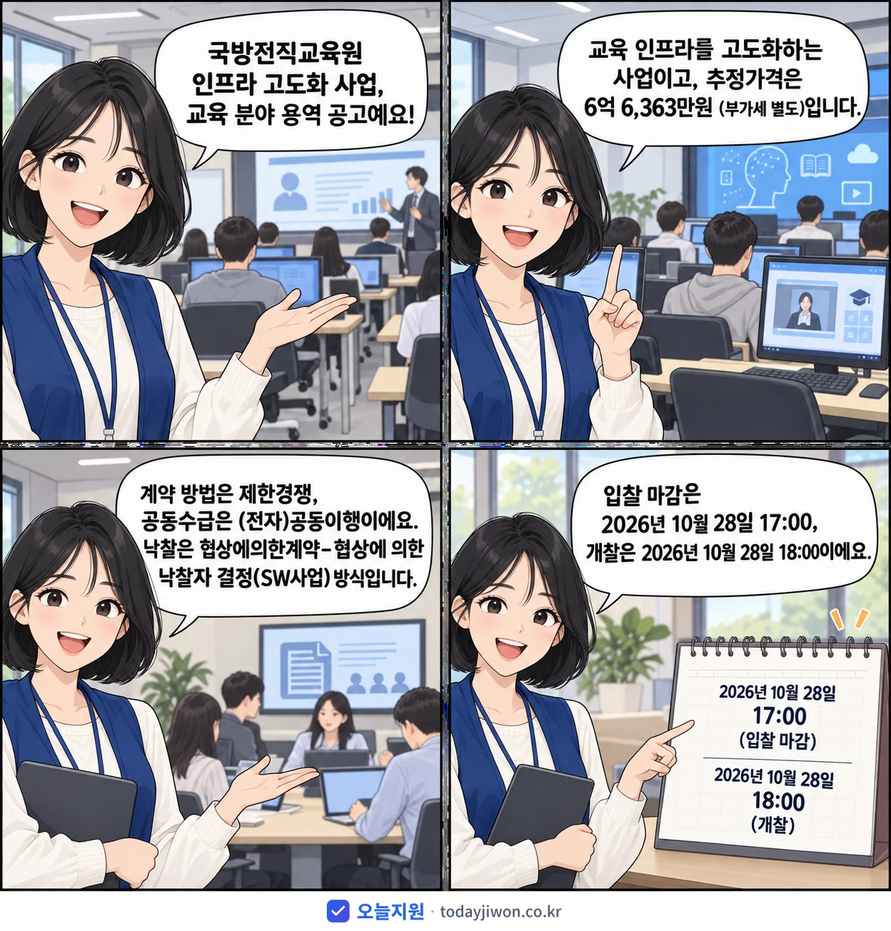 4컷 만화로 보는 공고: 국방전직교육원 '국방전직교육원 인프라 고도화 사업', 추정가격 6억 6,363만원, 입찰 마감 10/28 17:00