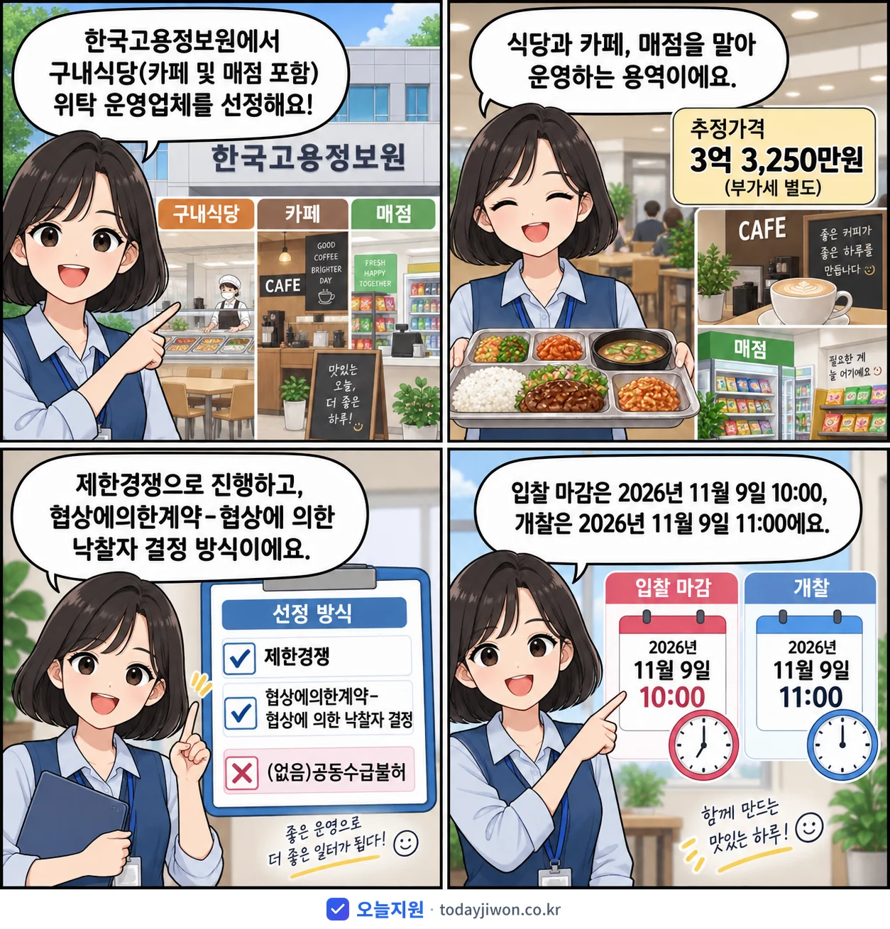 4컷 만화로 보는 공고: 한국고용정보원 '구내식당(카페 및 매점 포함) 위탁 운영업체 선정', 추정가격 3억 3,250만원, 입찰 마감 11/9 10:00