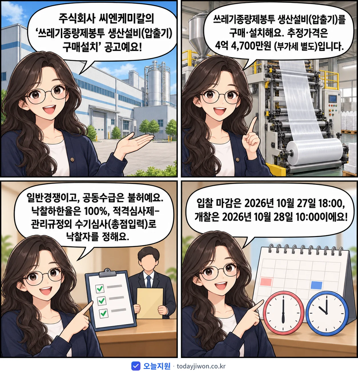 4컷 만화로 보는 공고: 주식회사 씨엔케미칼 '쓰레기종량제봉투 생산설비(압출기) 구매설치', 추정가격 4억 4,700만원, 입찰 마감 10/27 18:00