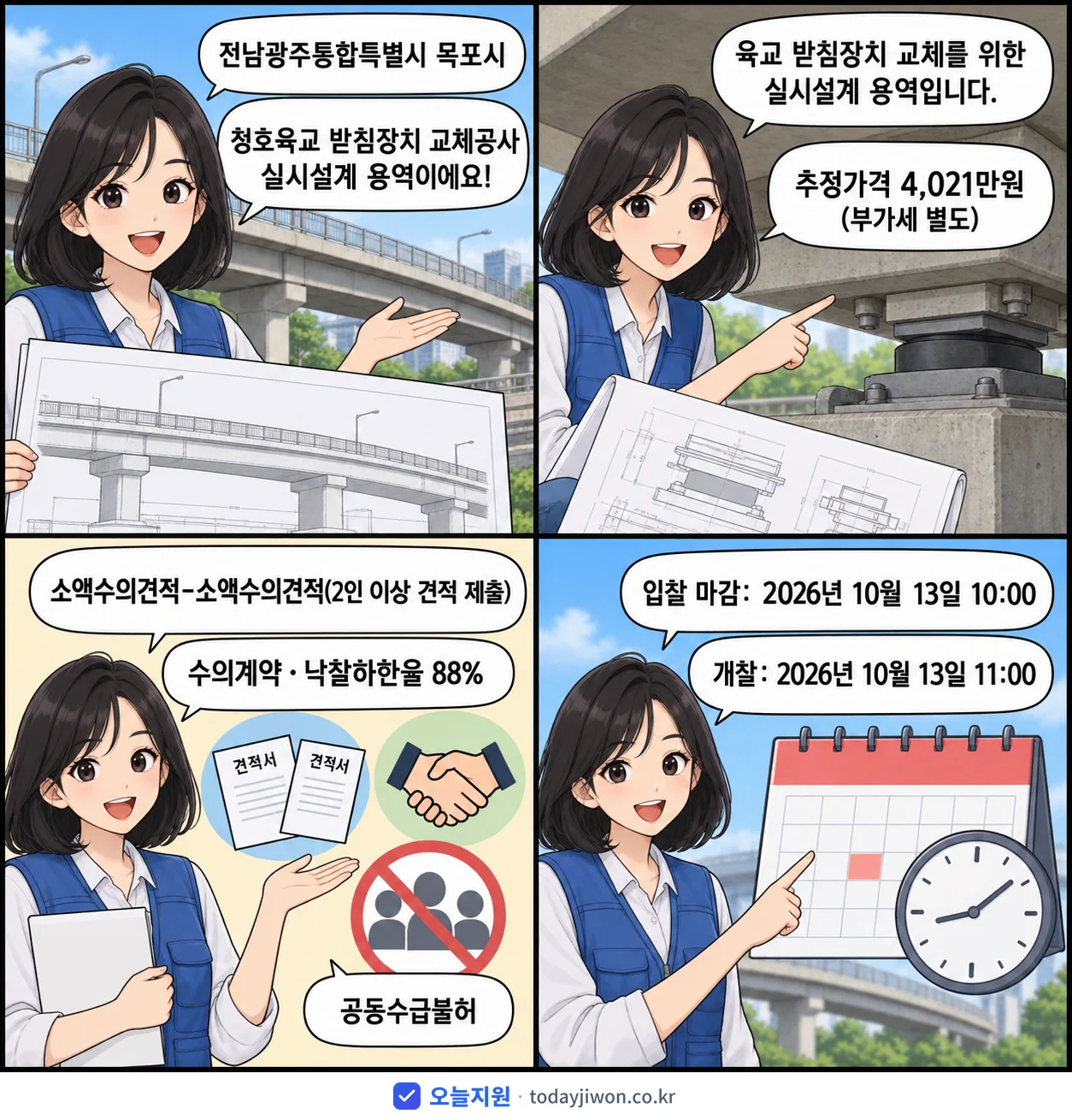 4컷 만화로 보는 공고: 전남광주통합특별시 목포시 '청호육교 받침장치 교체공사 실시설계 용역', 추정가격 4,021만원, 입찰 마감 10/13 10:00