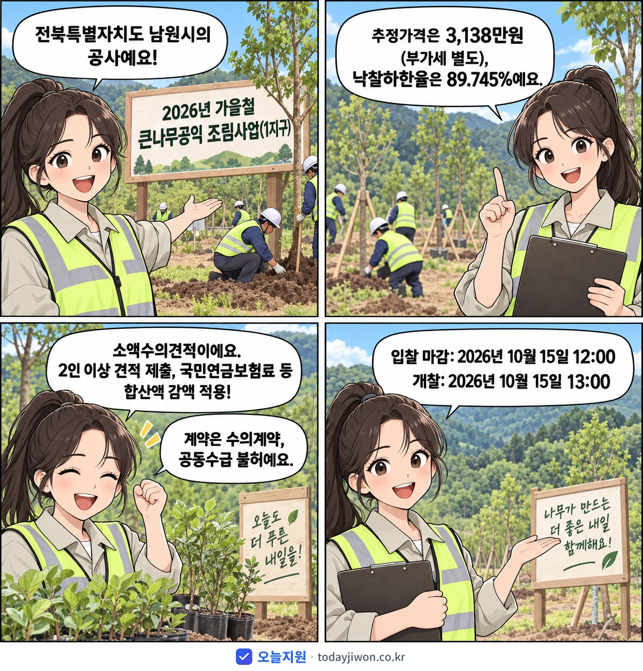 4컷 만화로 보는 공고: 전북특별자치도 남원시 '가을철 큰나무공익 조림사업(1지구)', 추정가격 3,138만원, 입찰 마감 10/15 12:00