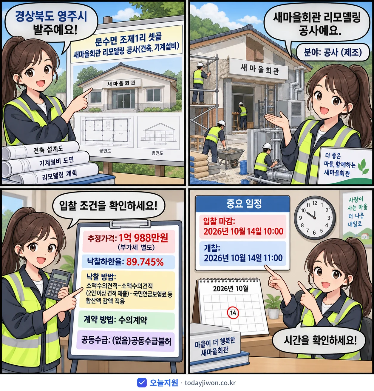 4컷 만화로 보는 공고: 경상북도 영주시 '문수면 조제1리 셋골 새마을회관 리모델링 공사(건축, 기계설비)', 추정가격 1억 988만원, 입찰 마감 10/14 10:00