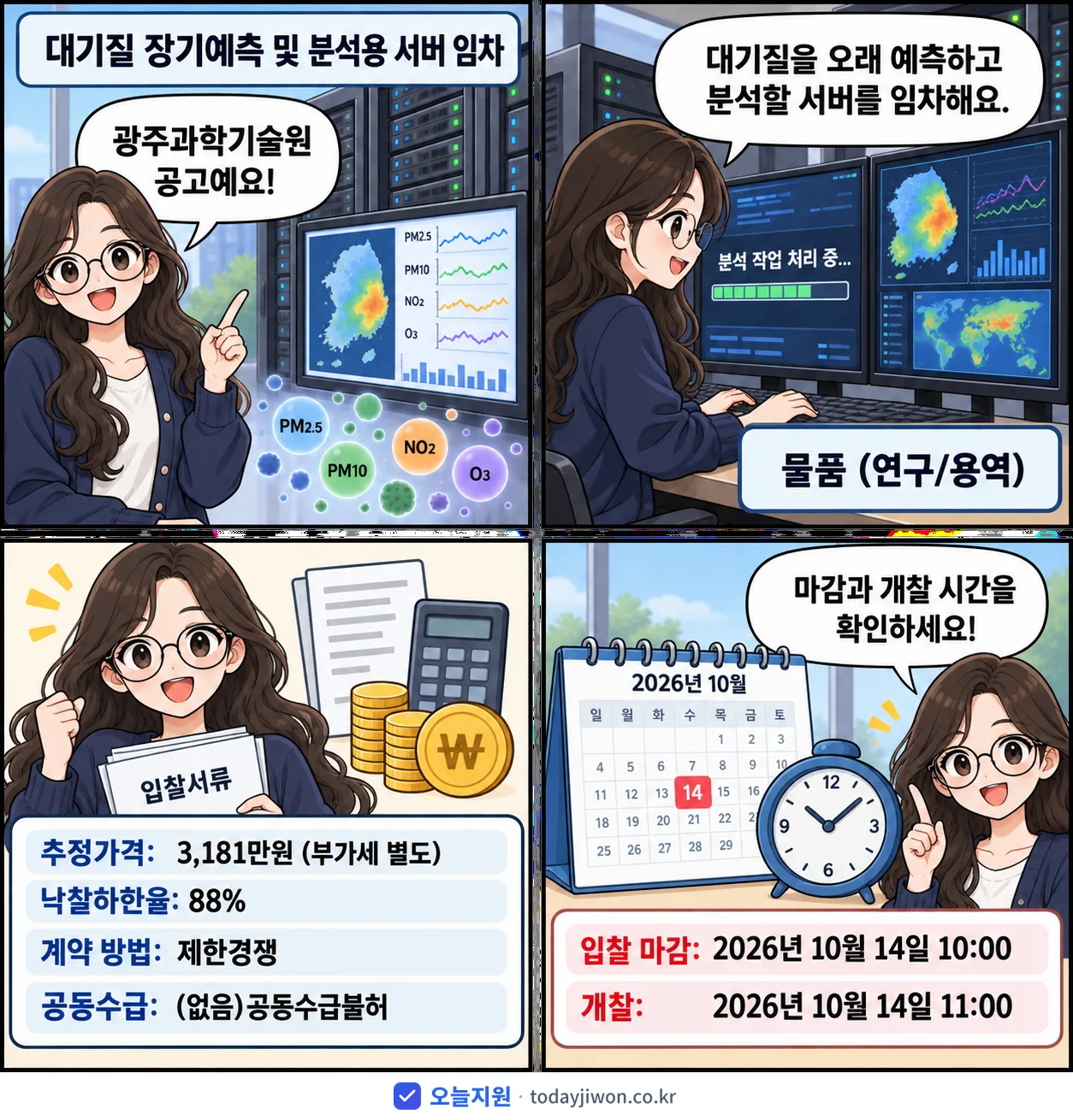4컷 만화로 보는 공고: 광주과학기술원 '대기질 장기예측 및 분석용 서버 임차', 추정가격 3,181만원, 입찰 마감 10/14 10:00
