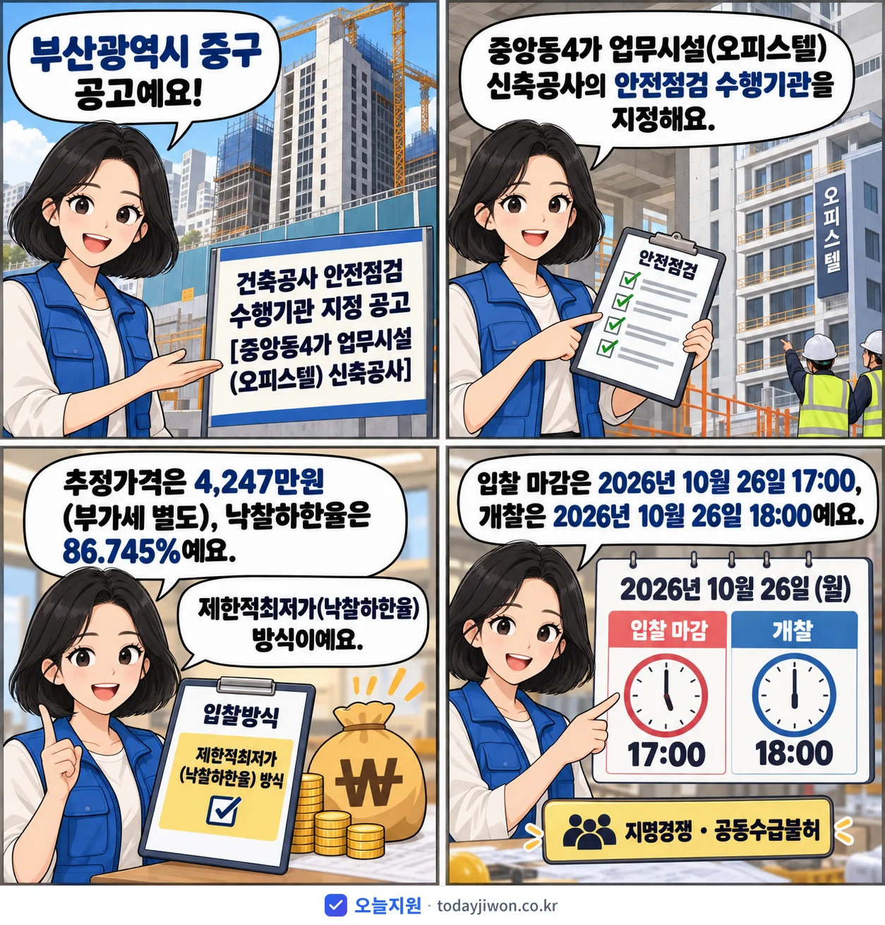 4컷 만화로 보는 공고: 부산광역시 중구 '건축공사 안전점검 수행기관 지정 공고[중앙동4가 업무시설(오피스텔) 신…', 추정가격 4,247만원, 입찰 마감 10/26 17:00