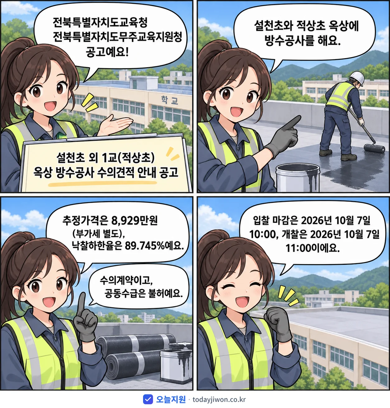 4컷 만화로 보는 공고: 전북특별자치도교육청 전북특별자치도무주교육지원청 '설천초 외 1교(적상초) 옥상 방수공사 수의견적 안내 공고', 추정가격 8,929만원, 입찰 마감 10/7 10:00