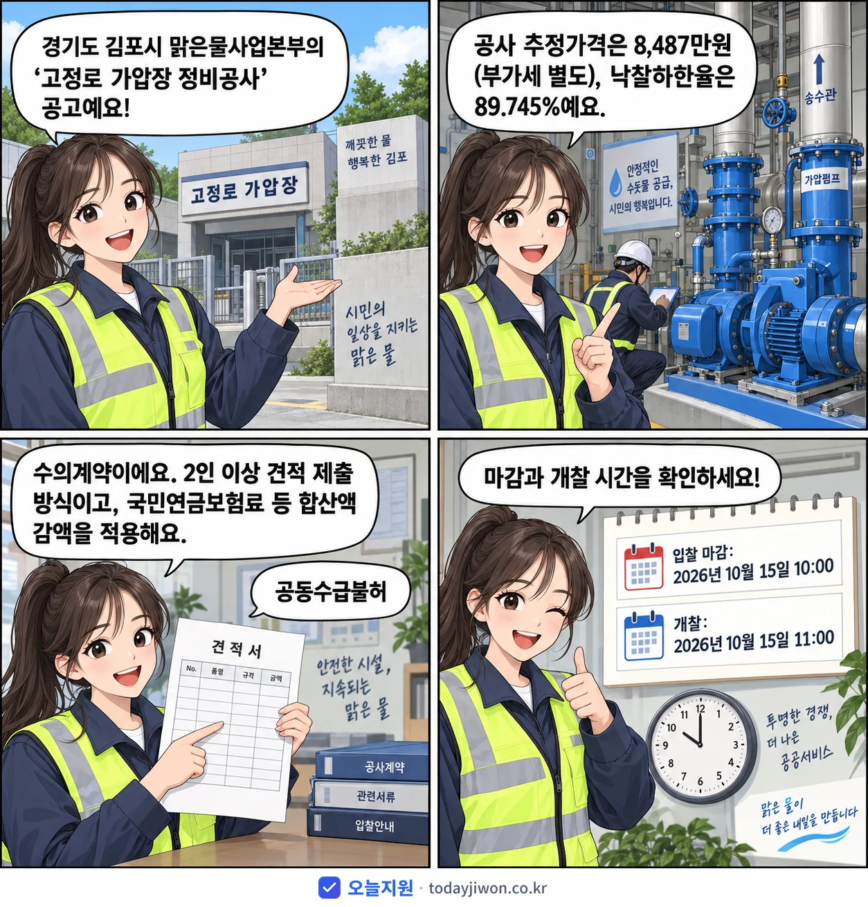 4컷 만화로 보는 공고: 경기도 김포시 맑은물사업본부 '고정로 가압장 정비공사', 추정가격 8,487만원, 입찰 마감 10/15 10:00