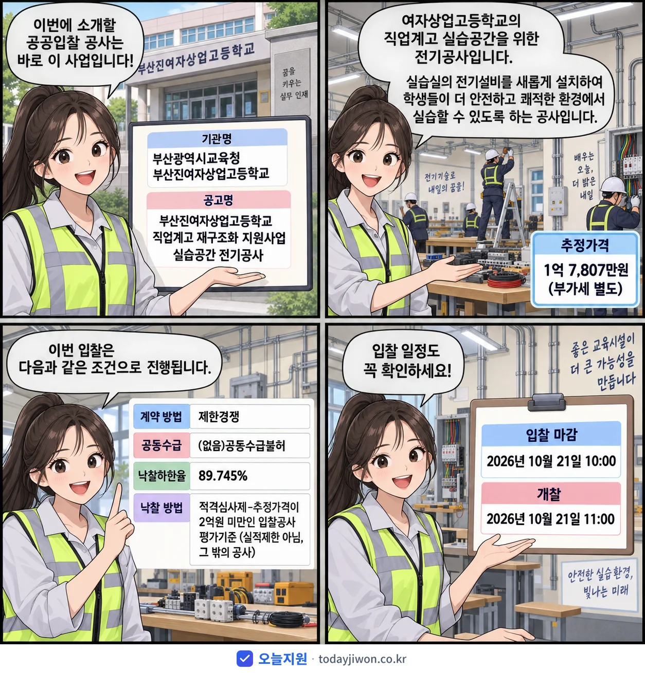 4컷 만화로 보는 공고: 부산광역시교육청 부산진여자상업고등학교 '부산진여자상업고등학교 직업계고 재구조화 지원사업 실습공간 전기공사', 추정가격 1억 7,807만원, 입찰 마감 10/21 10:00
