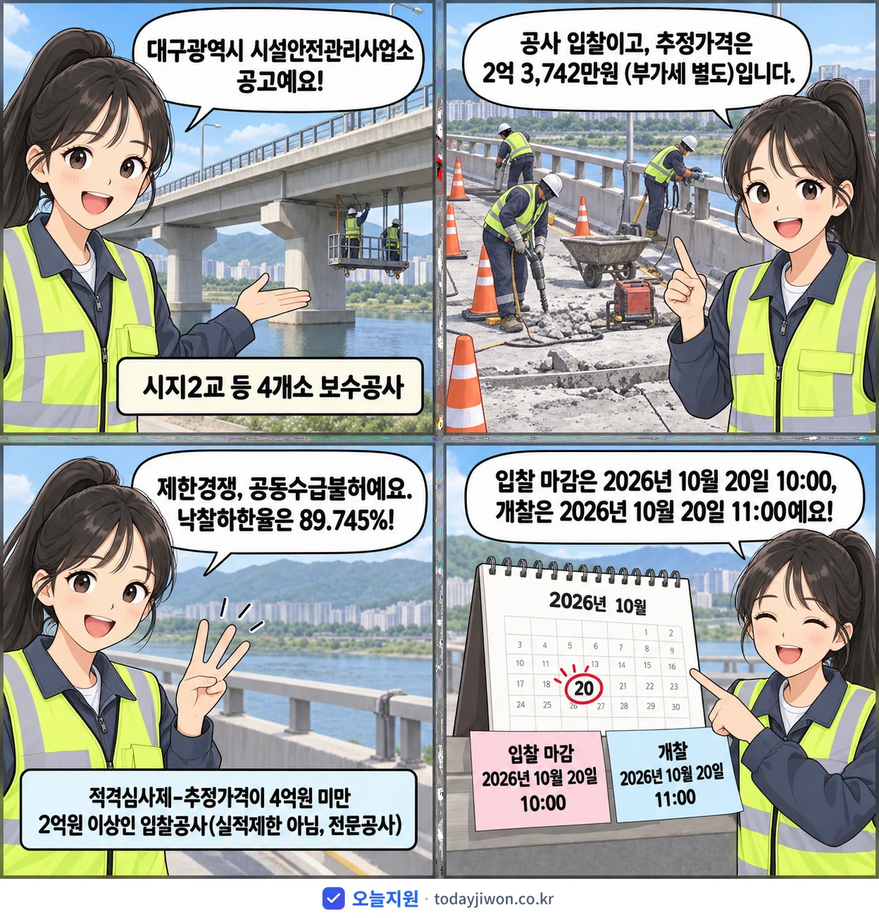 4컷 만화로 보는 공고: 대구광역시 시설안전관리사업소 '시지2교 등 4개소 보수공사', 추정가격 2억 3,742만원, 입찰 마감 10/20 10:00