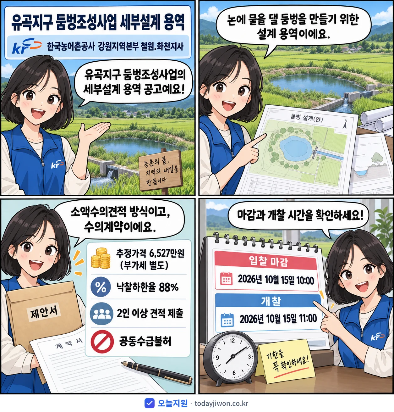 4컷 만화로 보는 공고: 한국농어촌공사 강원지역본부 철원.화천지사 '유곡지구 둠벙조성사업 세부설계 용역', 추정가격 6,527만원, 입찰 마감 10/15 10:00