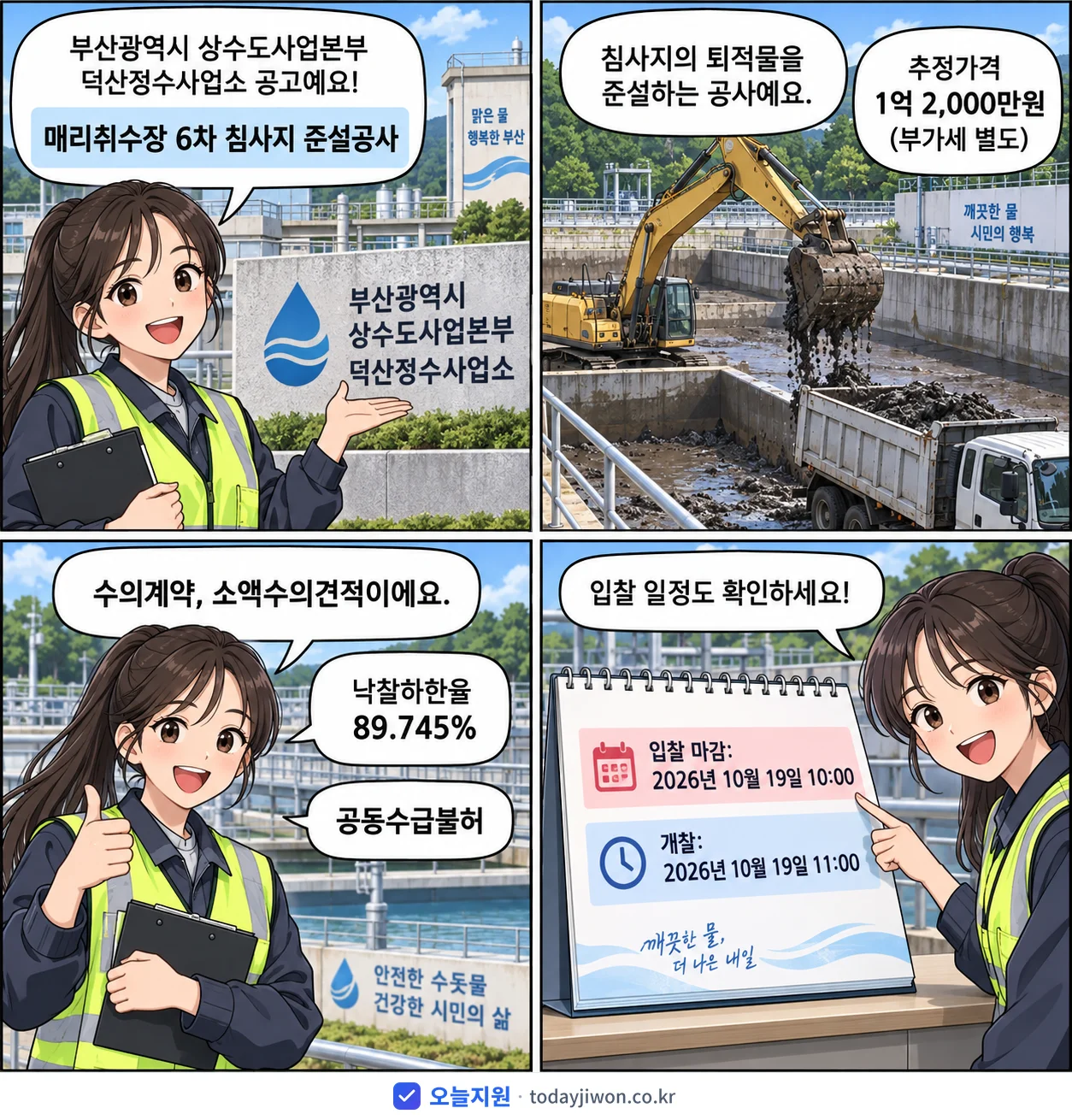 4컷 만화로 보는 공고: 부산광역시 상수도사업본부 덕산정수사업소 '매리취수장 6차 침사지 준설공사', 추정가격 1억 2,000만원, 입찰 마감 10/19 10:00