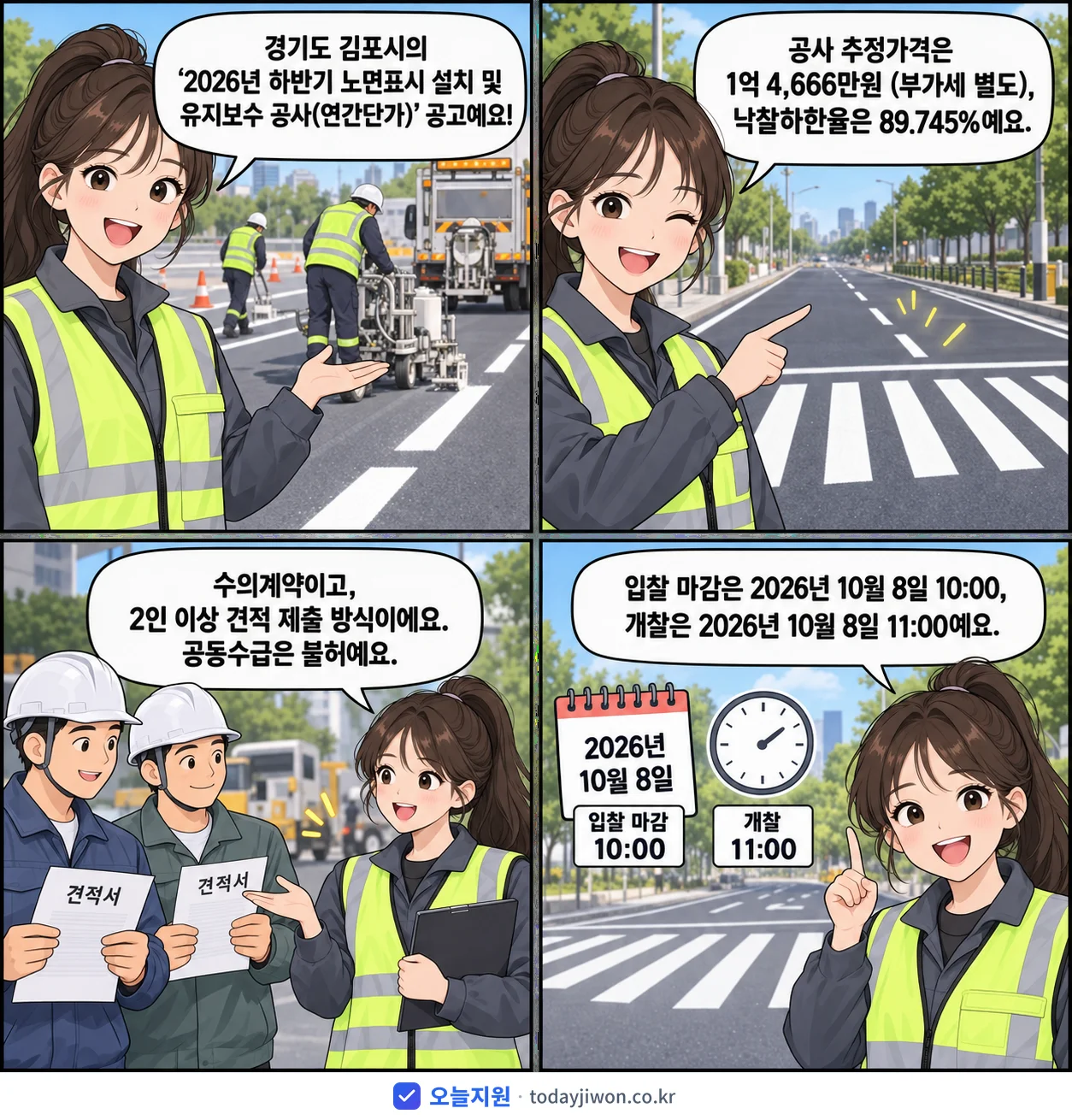 4컷 만화로 보는 공고: 경기도 김포시 '하반기 노면표시 설치 및 유지보수 공사(연간단가)', 추정가격 1억 4,666만원, 입찰 마감 10/8 10:00