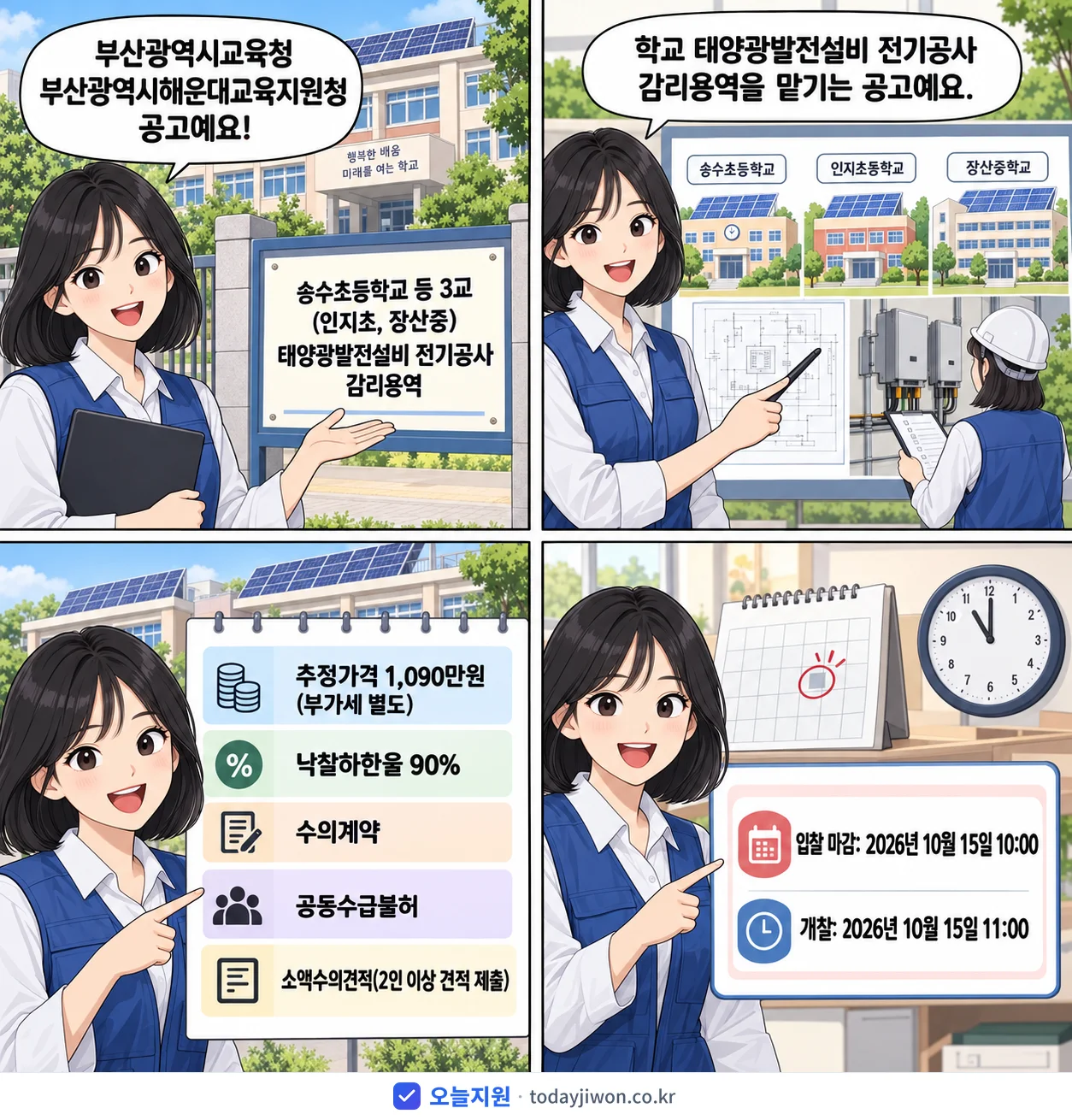 4컷 만화로 보는 공고: 부산광역시교육청 부산광역시해운대교육지원청 '송수초등학교 등 3교(인지초, 장산중) 태양광발전설비 전기공사 감리용역', 추정가격 1,090만원, 입찰 마감 10/15 10:00