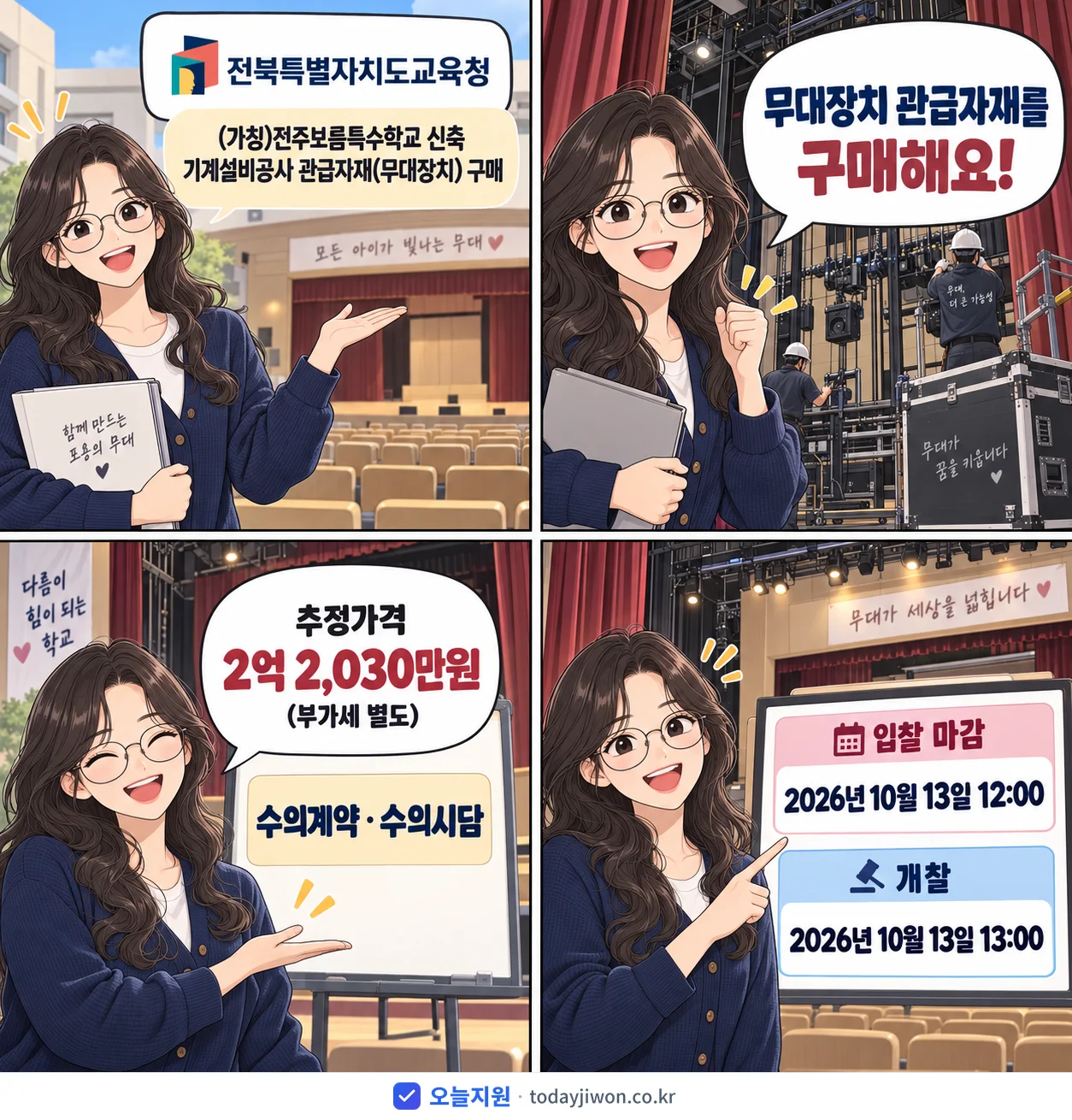 4컷 만화로 보는 공고: 전북특별자치도교육청 '(가칭)전주보름특수학교 신축 기계설비공사 관급자재(무대장치) 구매', 추정가격 2억 2,030만원, 입찰 마감 10/13 12:00