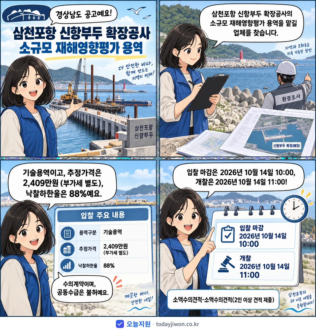 4컷 만화로 보는 공고: 경상남도 '삼천포항 신항부두 확장공사 소규모 재해영향평가 용역', 추정가격 2,409만원, 입찰 마감 10/14 10:00