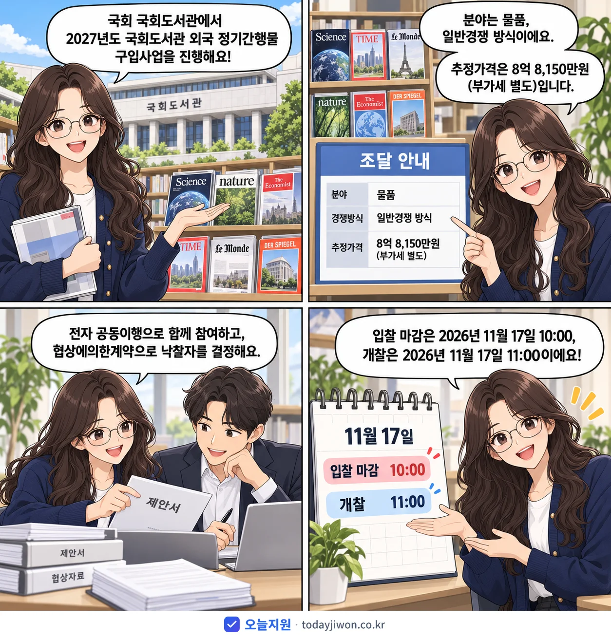 4컷 만화로 보는 공고: 국회 국회도서관 '국회도서관 외국 정기간행물 구입사업', 추정가격 8억 8,150만원, 입찰 마감 11/17 10:00