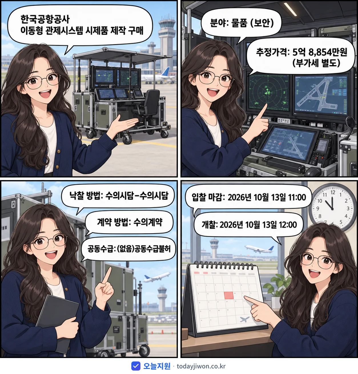 4컷 만화로 보는 공고: 한국공항공사 '이동형 관제시스템 시제품 제작 구매', 추정가격 5억 8,854만원, 입찰 마감 10/13 11:00