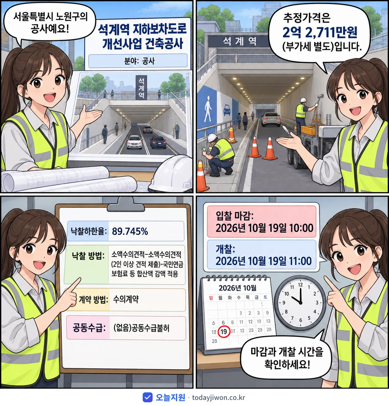 4컷 만화로 보는 공고: 서울특별시 노원구 '석계역 지하보차도로 개선사업 건축공사', 추정가격 2억 2,711만원, 입찰 마감 10/19 10:00