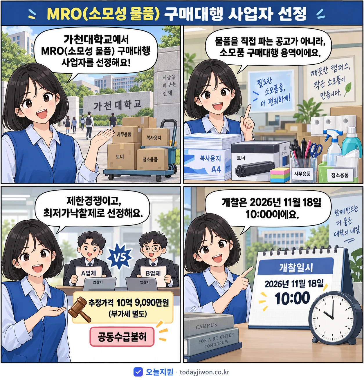 4컷 만화로 보는 공고: 가천대학교 'MRO(소모성 물품) 구매대행 사업자 선정', 추정가격 10억 9,090만원
