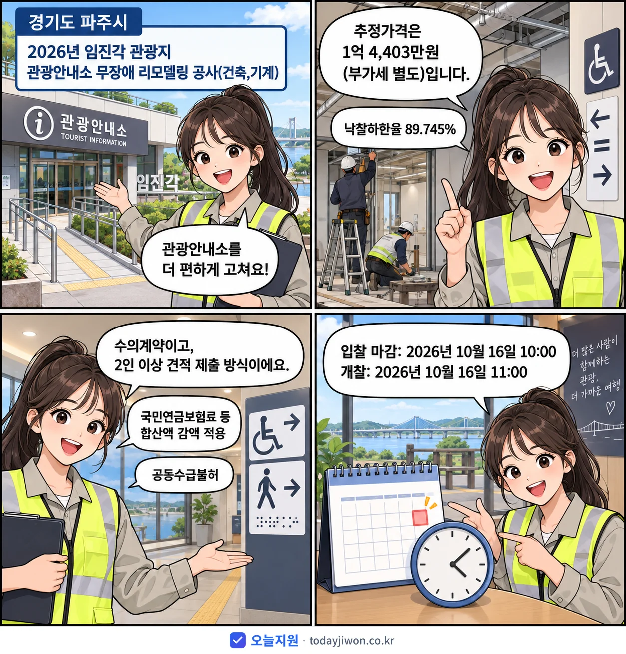 4컷 만화로 보는 공고: 경기도 파주시 '임진각 관광지 관광안내소 무장애 리모델링 공사(건축,기계)', 추정가격 1억 4,403만원, 입찰 마감 10/16 10:00