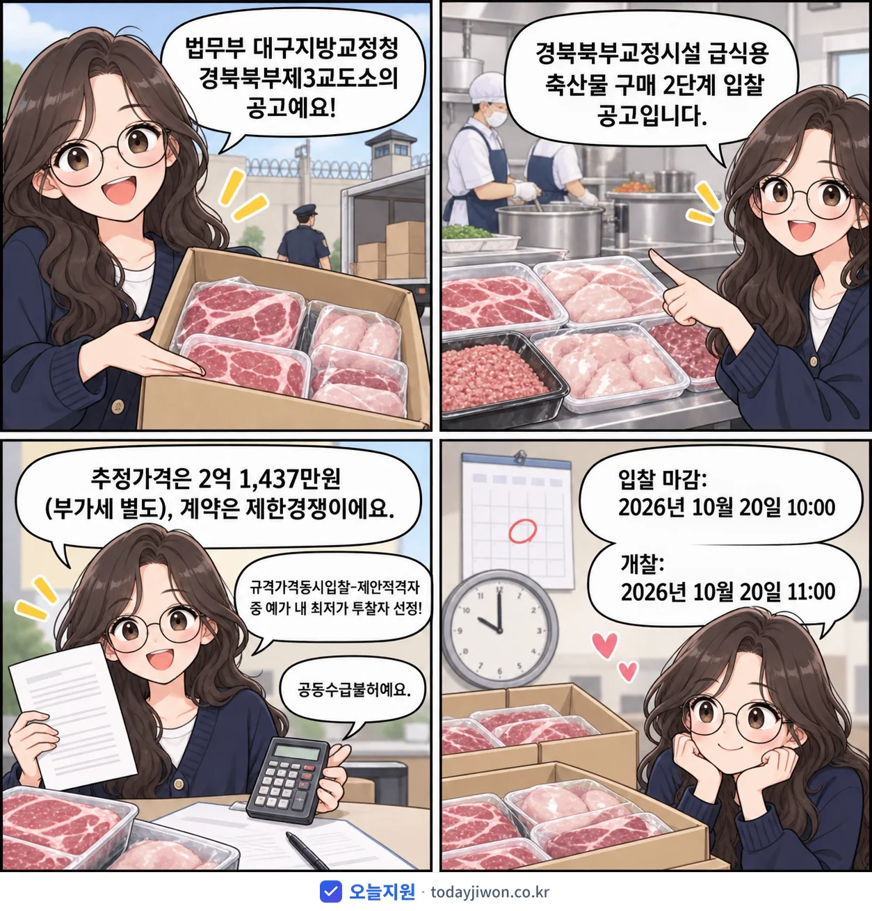 4컷 만화로 보는 공고: 법무부 대구지방교정청 경북북부제3교도소 '경북북부교정시설 급식용 축산물 구매 2단계 입찰 공고', 추정가격 2억 1,437만원, 입찰 마감 10/20 10:00