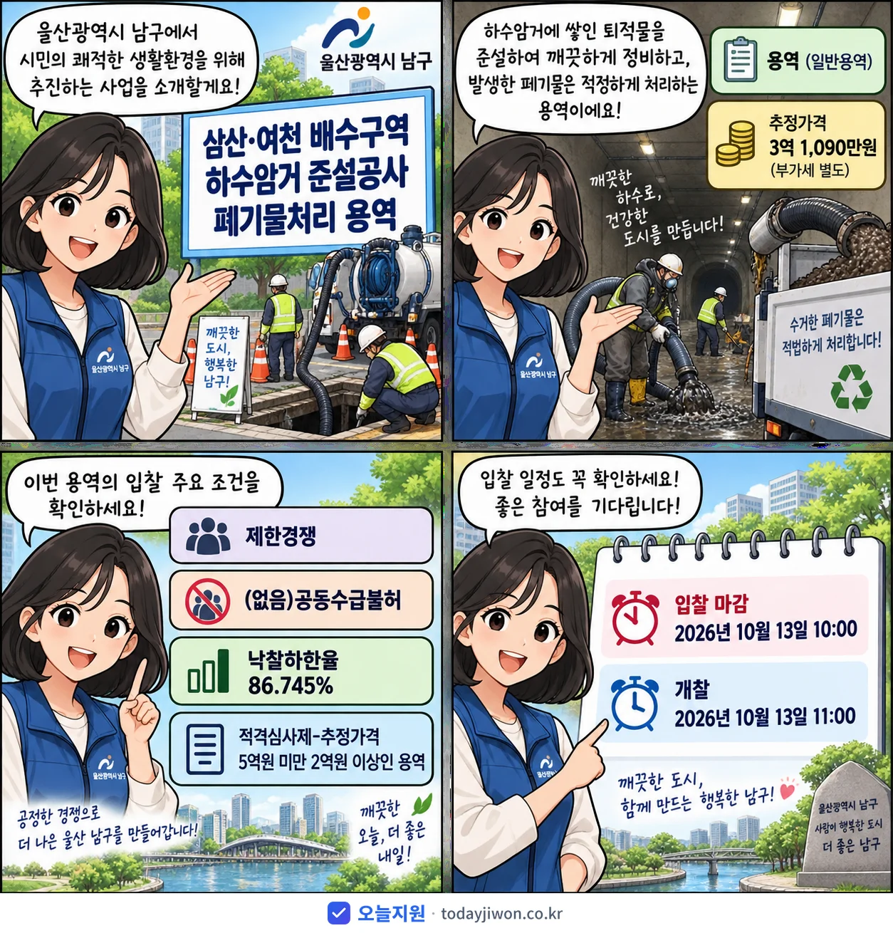4컷 만화로 보는 공고: 울산광역시 남구 '삼산·여천 배수구역 하수암거 준설공사 폐기물처리 용역', 추정가격 3억 1,090만원, 입찰 마감 10/13 10:00