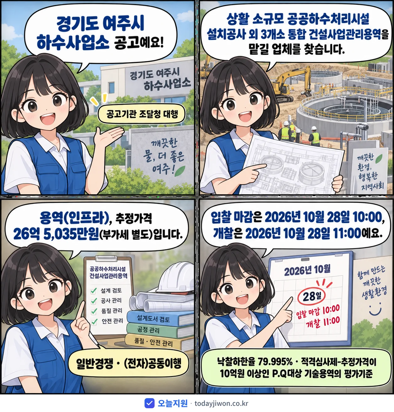 4컷 만화로 보는 공고: 경기도 여주시 하수사업소 '상활 소규모 공공하수처리시설 설치공사 외 3개소 통합 건설사업관리용역', 추정가격 26억 5,035만원, 입찰 마감 10/28 10:00
