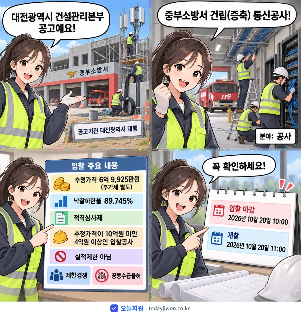 4컷 만화로 보는 공고: 대전광역시 건설관리본부 '중부소방서 건립(증축) 통신공사', 추정가격 6억 9,925만원, 입찰 마감 10/20 10:00