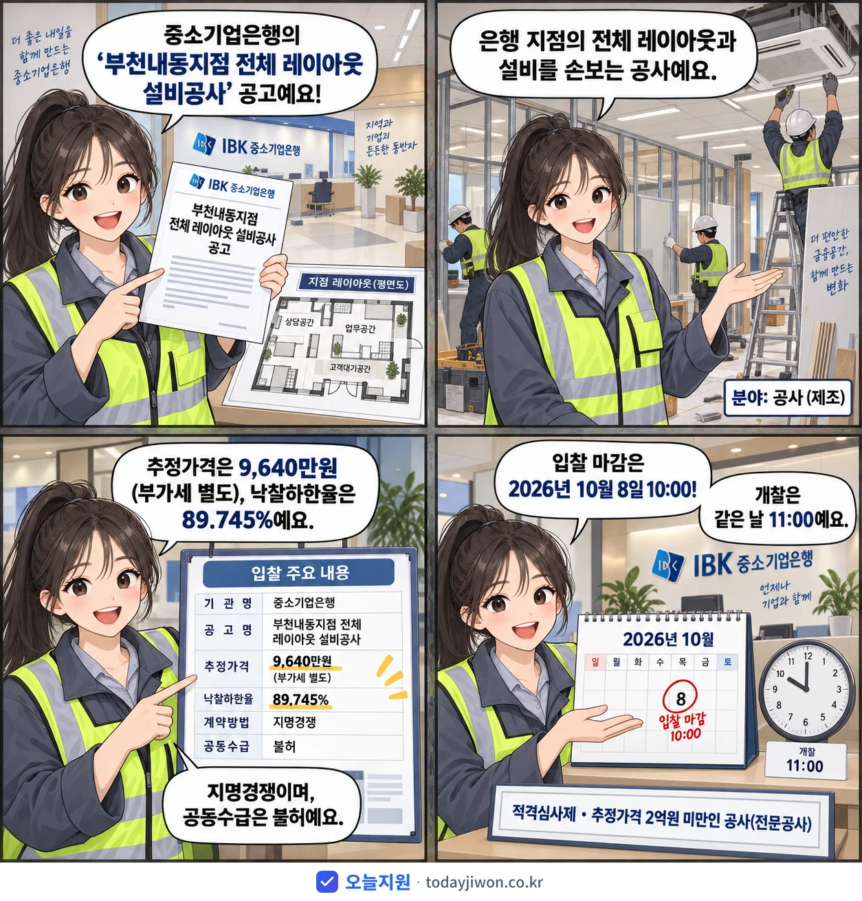 4컷 만화로 보는 공고: 중소기업은행 '부천내동지점 전체 레이아웃 설비공사', 추정가격 9,640만원, 입찰 마감 10/8 10:00