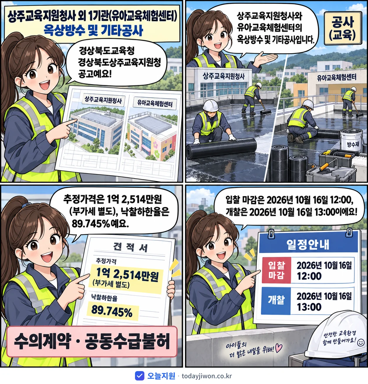4컷 만화로 보는 공고: 경상북도교육청 경상북도상주교육지원청 '상주교육지원청사 외 1기관(유아교육체험센터) 옥상방수 및 기타공사', 추정가격 1억 2,514만원, 입찰 마감 10/16 12:00
