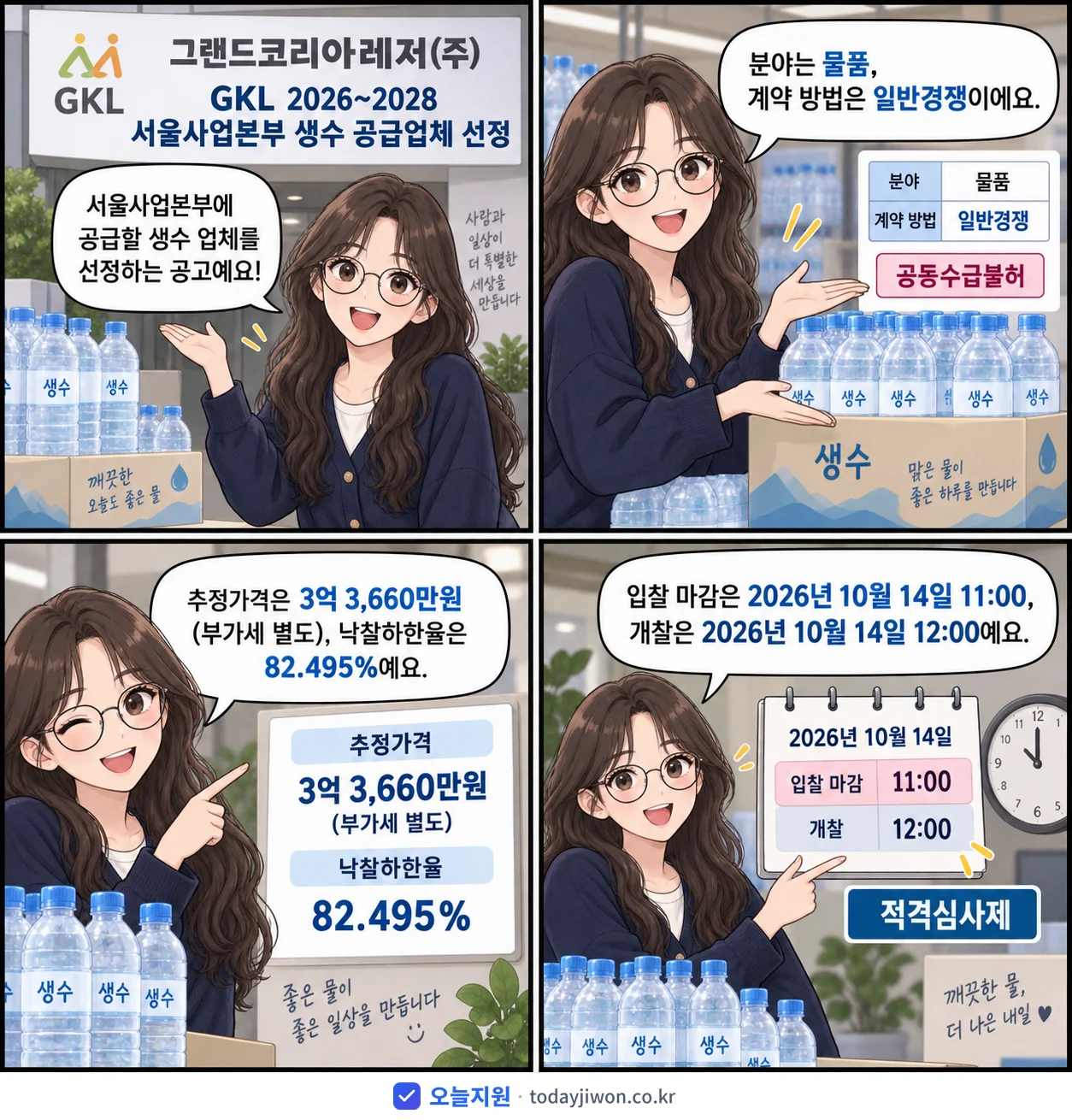 4컷 만화로 보는 공고: 그랜드코리아레저(주) 'GKL 2026~2028 서울사업본부 생수 공급업체 선정', 추정가격 3억 3,660만원, 입찰 마감 10/14 11:00