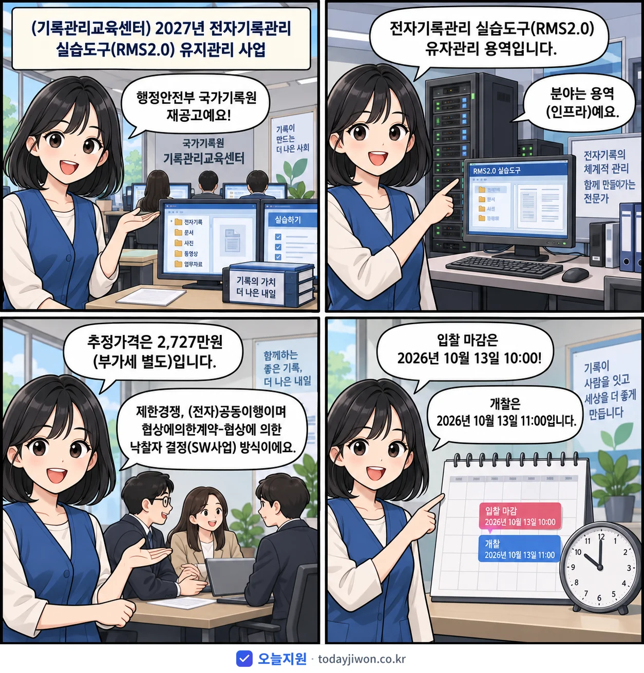 4컷 만화로 보는 공고: 행정안전부 국가기록원 '(기록관리교육센터) 2027년 전자기록관리 실습도구(RMS2.0) 유지…', 추정가격 2,727만원, 입찰 마감 10/13 10:00