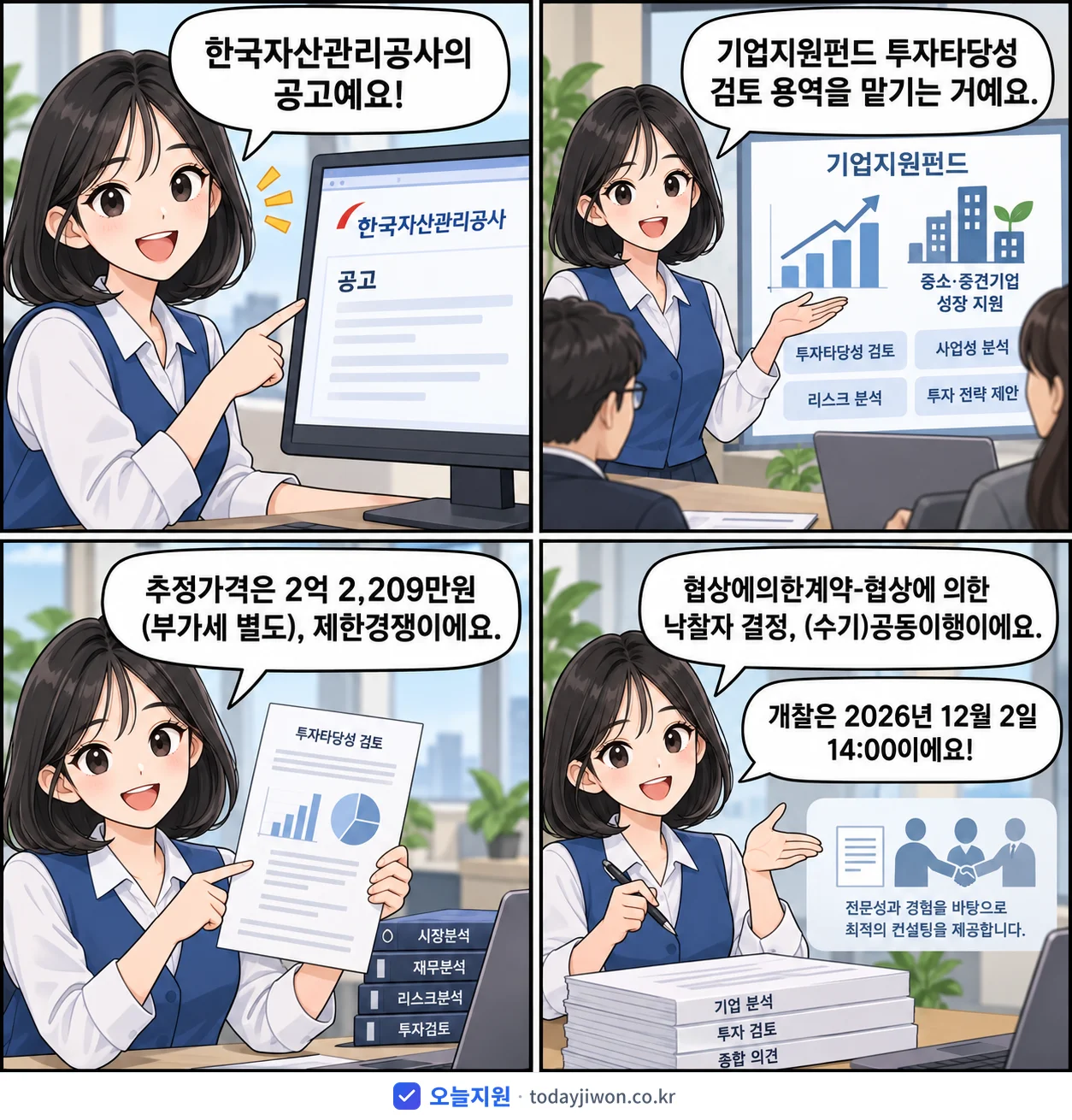 4컷 만화로 보는 공고: 한국자산관리공사 '기업지원펀드 투자타당성 검토 용역', 추정가격 2억 2,209만원