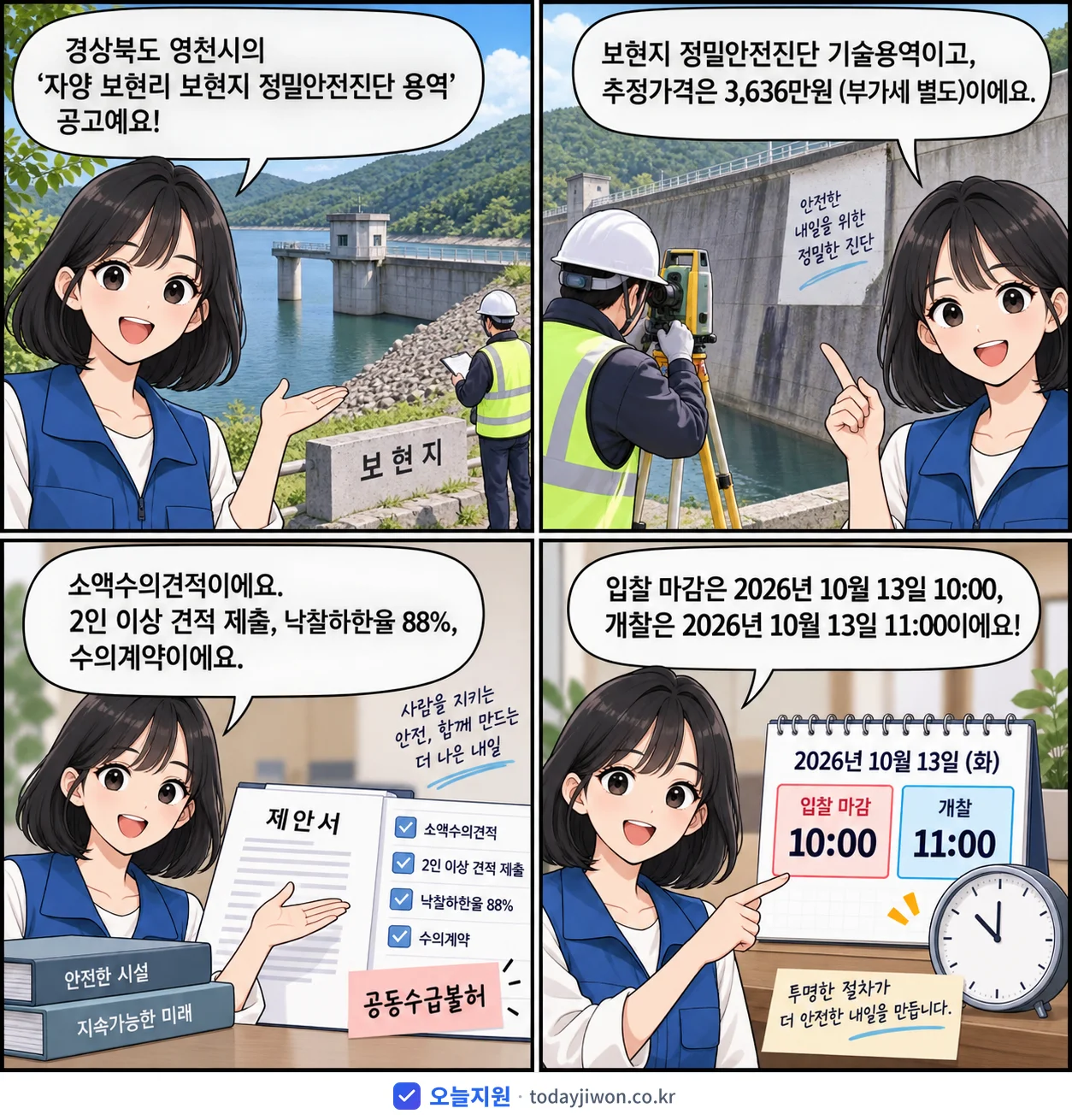 4컷 만화로 보는 공고: 경상북도 영천시 '자양 보현리 보현지 정밀안전진단 용역', 추정가격 3,636만원, 입찰 마감 10/13 10:00
