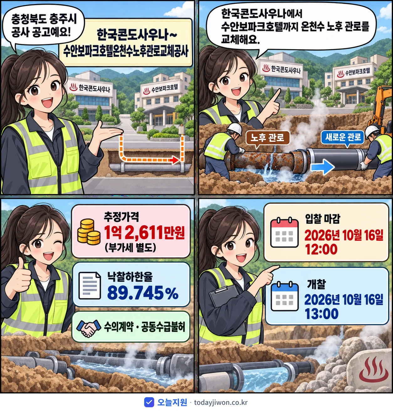 4컷 만화로 보는 공고: 충청북도 충주시 '한국콘도사우나~수안보파크호텔온천수노후관로교체공사', 추정가격 1억 2,611만원, 입찰 마감 10/16 12:00