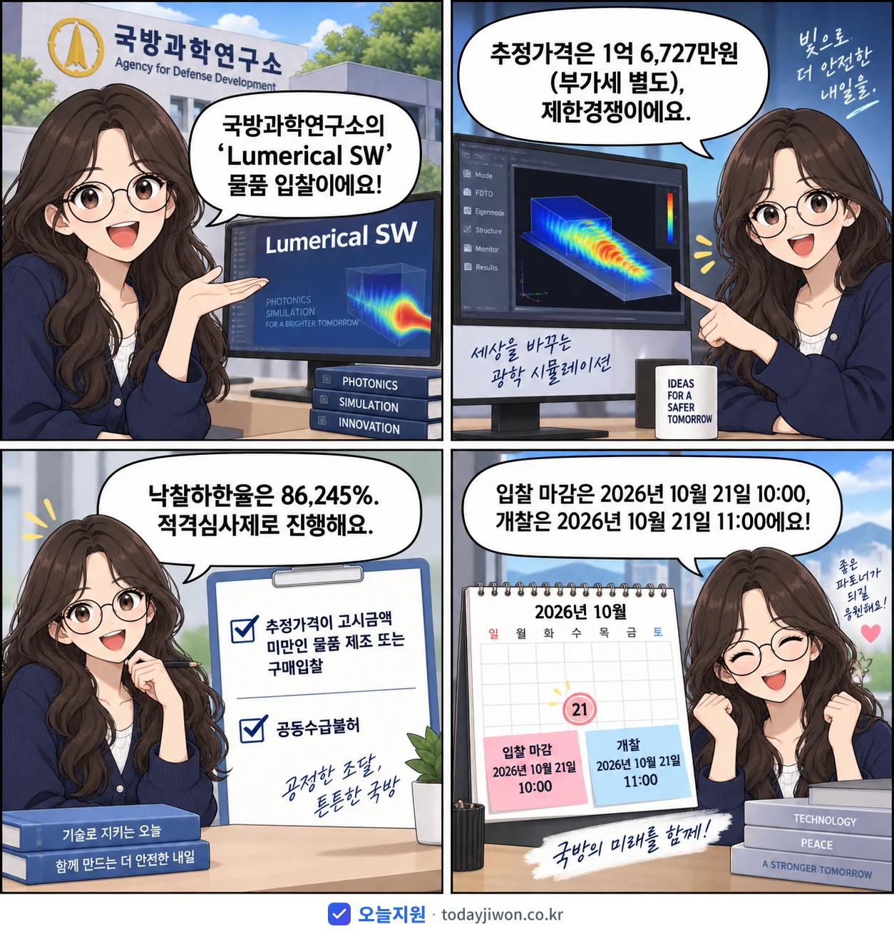 4컷 만화로 보는 공고: 국방과학연구소 'Lumerical SW', 추정가격 1억 6,727만원, 입찰 마감 10/21 10:00