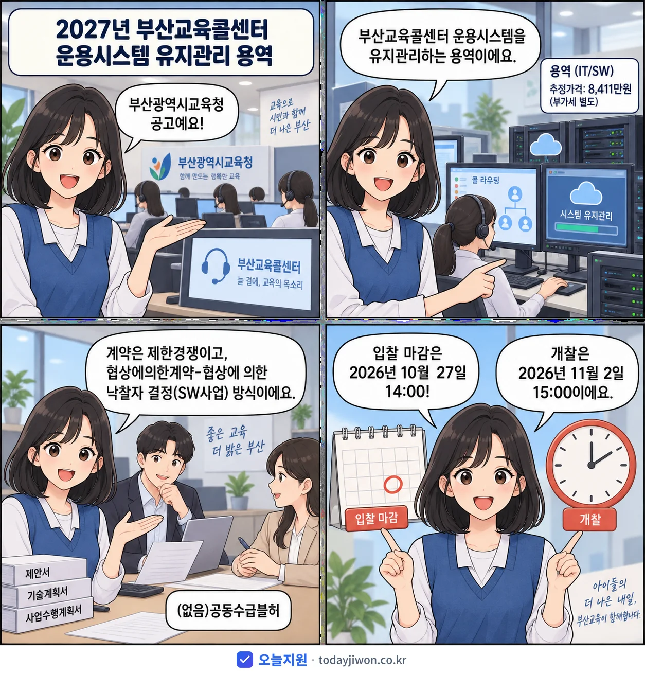 4컷 만화로 보는 공고: 부산광역시교육청 '부산교육콜센터 운용시스템 유지관리 용역', 추정가격 8,411만원, 입찰 마감 10/27 14:00
