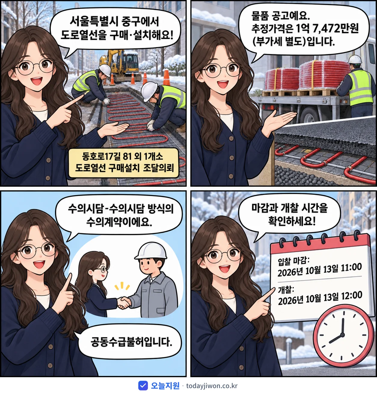 4컷 만화로 보는 공고: 서울특별시 중구 '동호로17길 81 외 1개소 도로열선 구매설치 조달의뢰', 추정가격 1억 7,472만원, 입찰 마감 10/13 11:00
