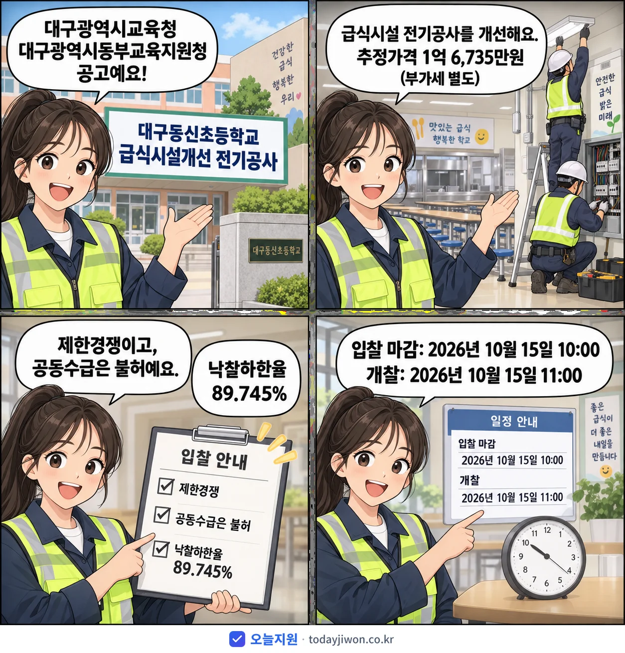 4컷 만화로 보는 공고: 대구광역시교육청 대구광역시동부교육지원청 '대구동신초등학교 급식시설개선 전기공사', 추정가격 1억 6,735만원, 입찰 마감 10/15 10:00