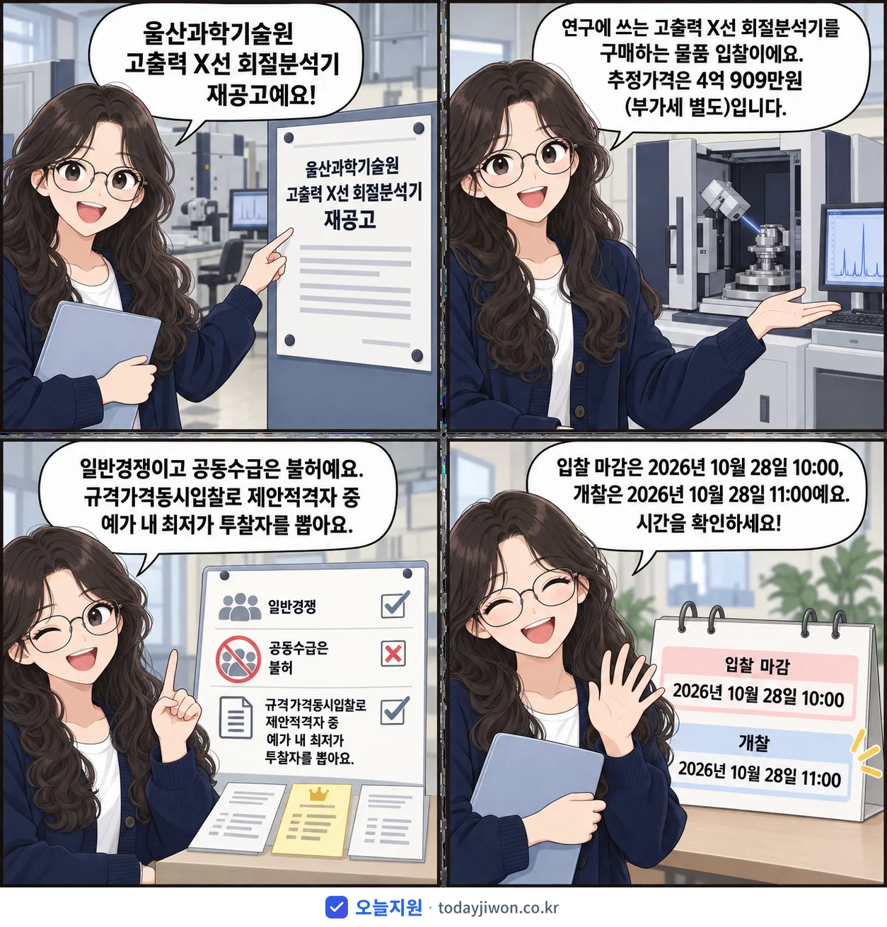 4컷 만화로 보는 공고: 울산과학기술원 '울산과학기술원 고출력 X선 회절분석기', 추정가격 4억 909만원, 입찰 마감 10/28 10:00