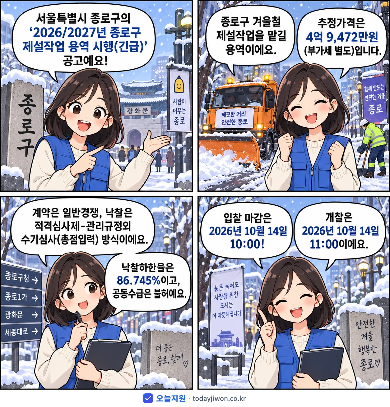 4컷 만화로 보는 공고: 서울특별시 종로구 '/2027년 종로구 제설작업 용역 시행', 추정가격 4억 9,472만원, 입찰 마감 10/14 10:00