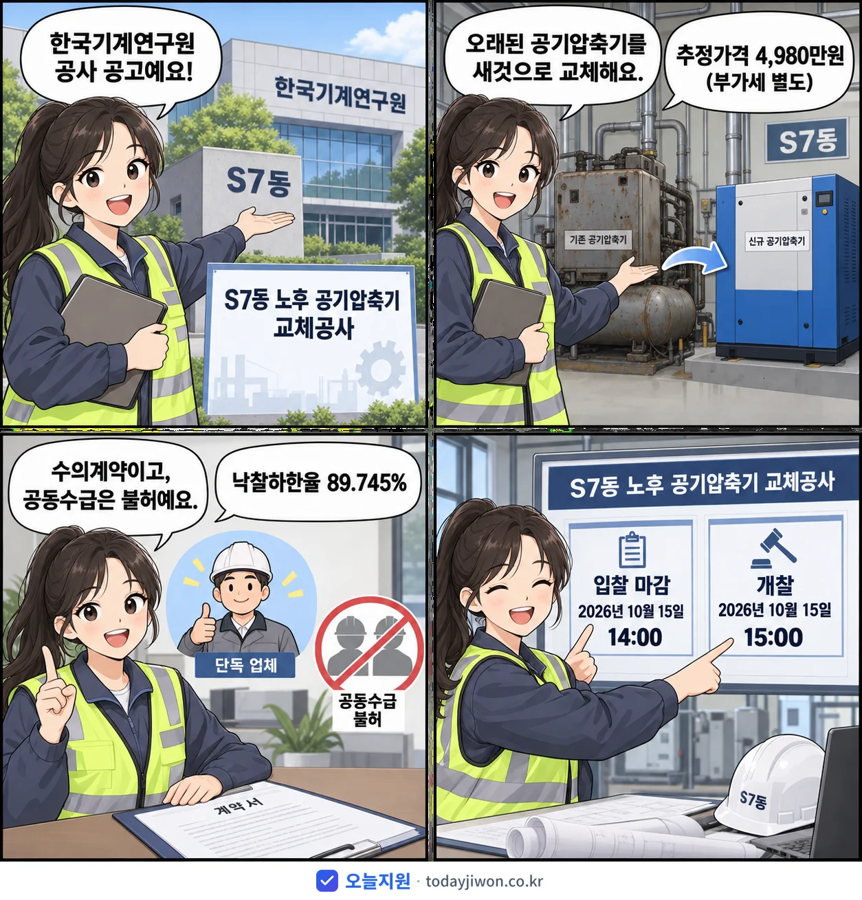 4컷 만화로 보는 공고: 한국기계연구원 'S7동 노후 공기압축기 교체공사', 추정가격 4,980만원, 입찰 마감 10/15 14:00