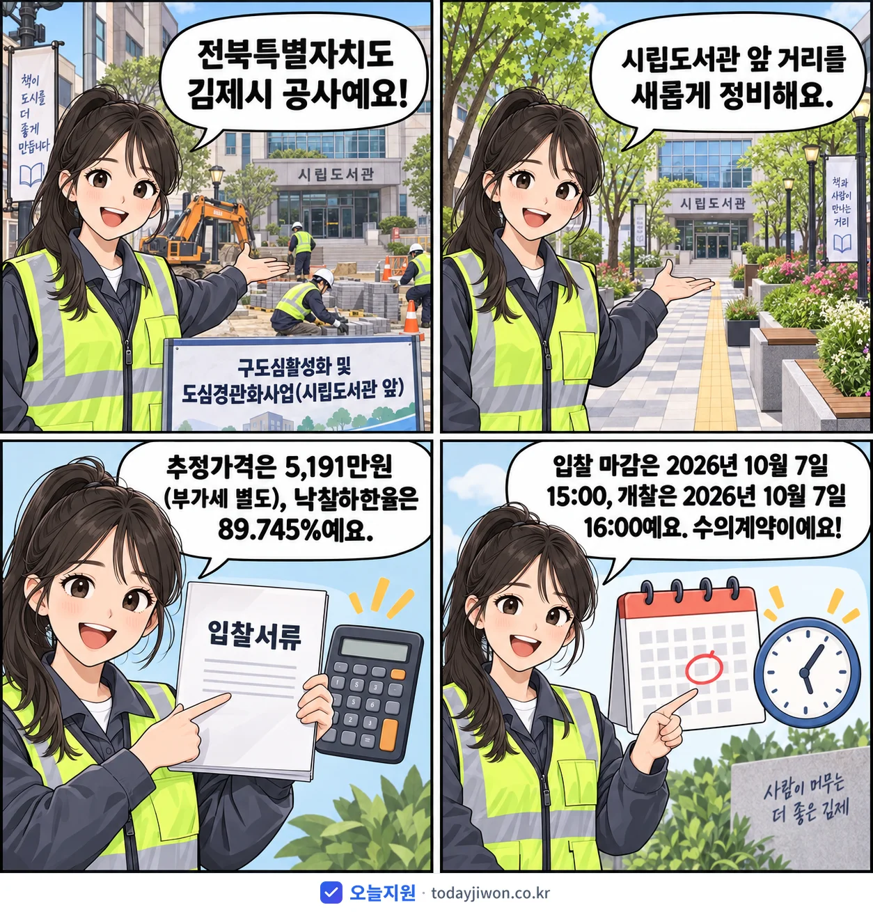 4컷 만화로 보는 공고: 전북특별자치도 김제시 '구도심활성화 및 도심경관화사업(시립도서관 앞)', 추정가격 5,191만원, 입찰 마감 10/7 15:00