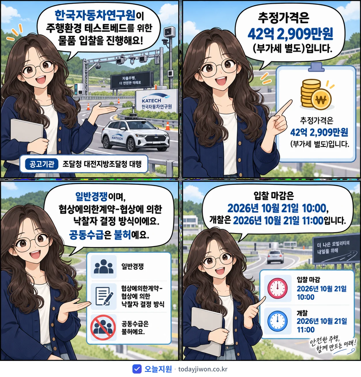 4컷 만화로 보는 공고: 한국자동차연구원 '주행환경 테스트베드', 추정가격 42억 2,909만원, 입찰 마감 10/21 10:00