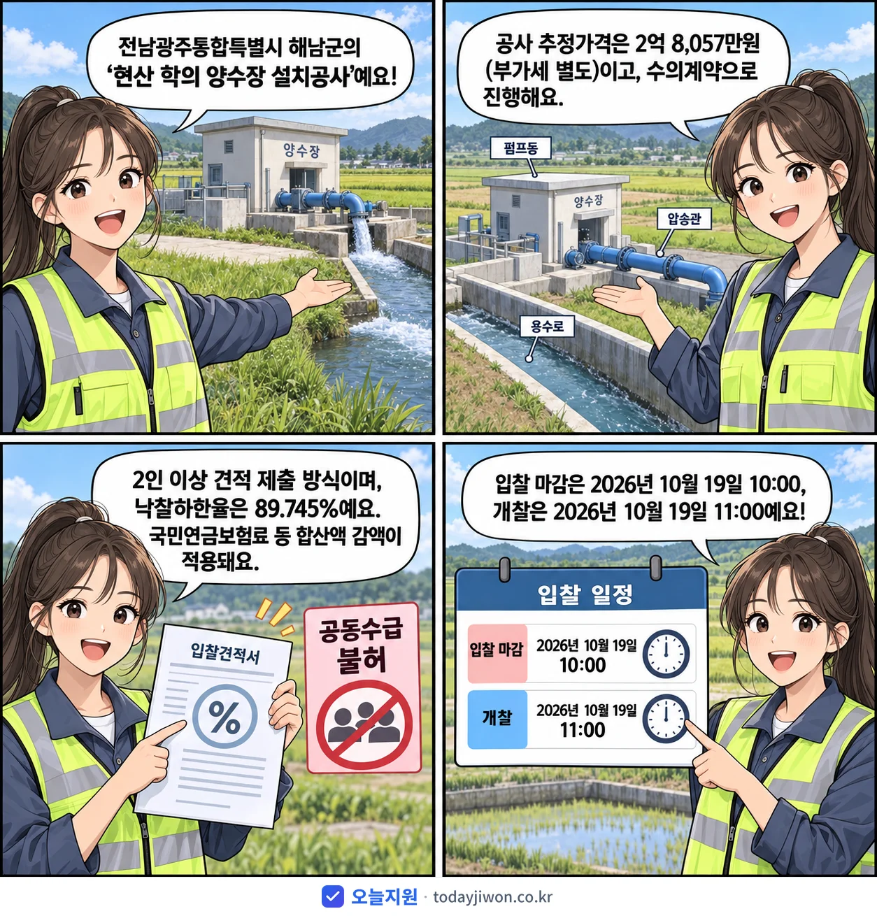 4컷 만화로 보는 공고: 전남광주통합특별시 해남군 '현산 학의 양수장 설치공사', 추정가격 2억 8,057만원, 입찰 마감 10/19 10:00