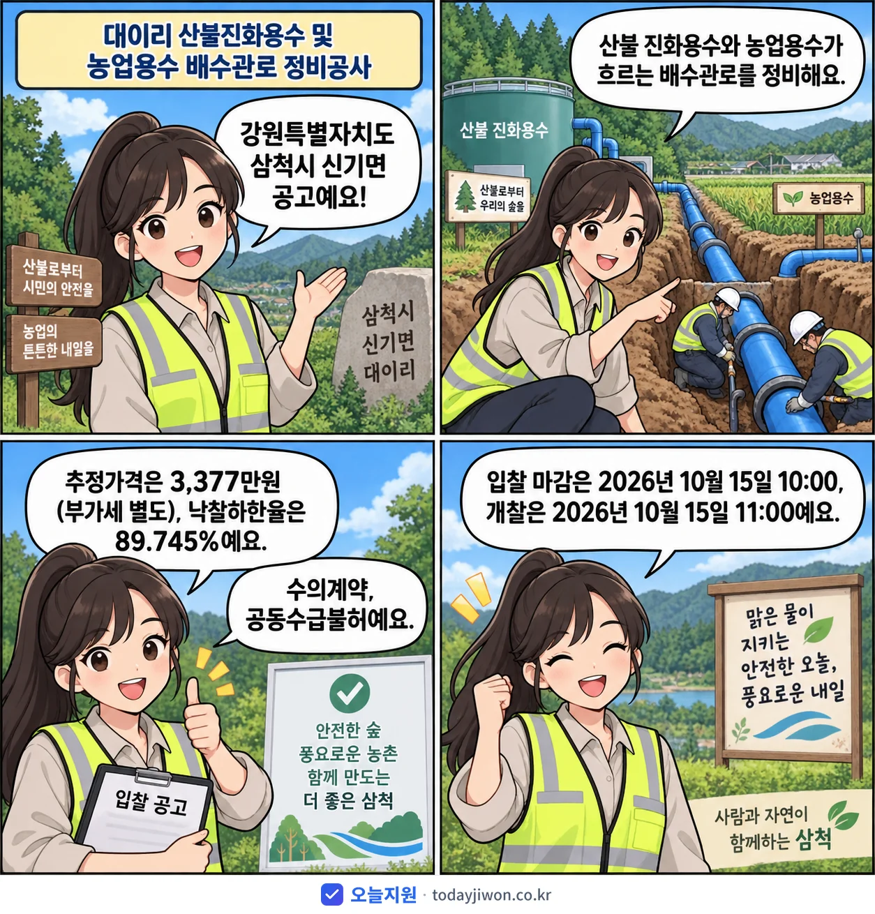 4컷 만화로 보는 공고: 강원특별자치도 삼척시 신기면 '대이리 산불진화용수 및 농업용수 배수관로 정비공사', 추정가격 3,377만원, 입찰 마감 10/15 10:00