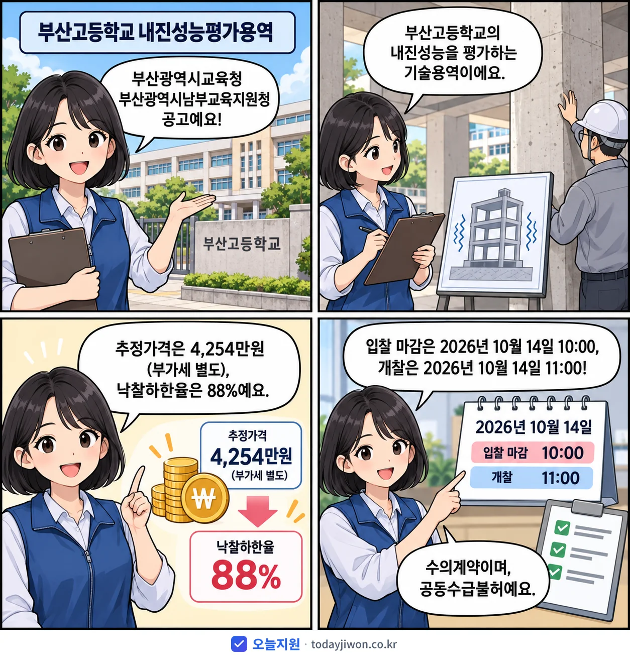 4컷 만화로 보는 공고: 부산광역시교육청 부산광역시남부교육지원청 '부산고등학교 내진성능평가용역', 추정가격 4,254만원, 입찰 마감 10/14 10:00